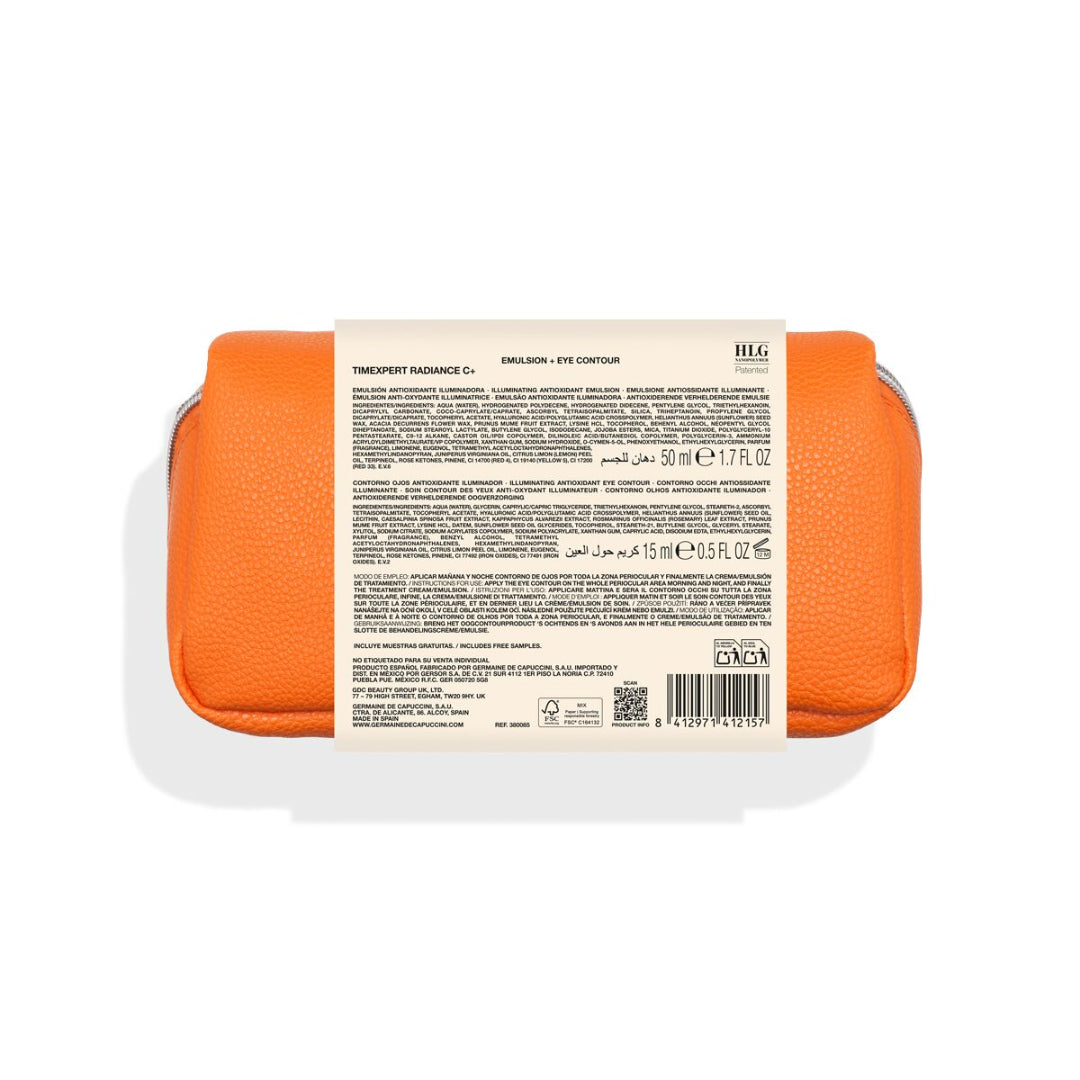 Cosmetic container with orange lid and white label on a white background