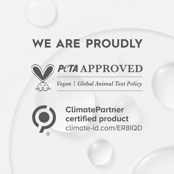 Product label with PETA Approved and ClimatePartner certification logos on a white background