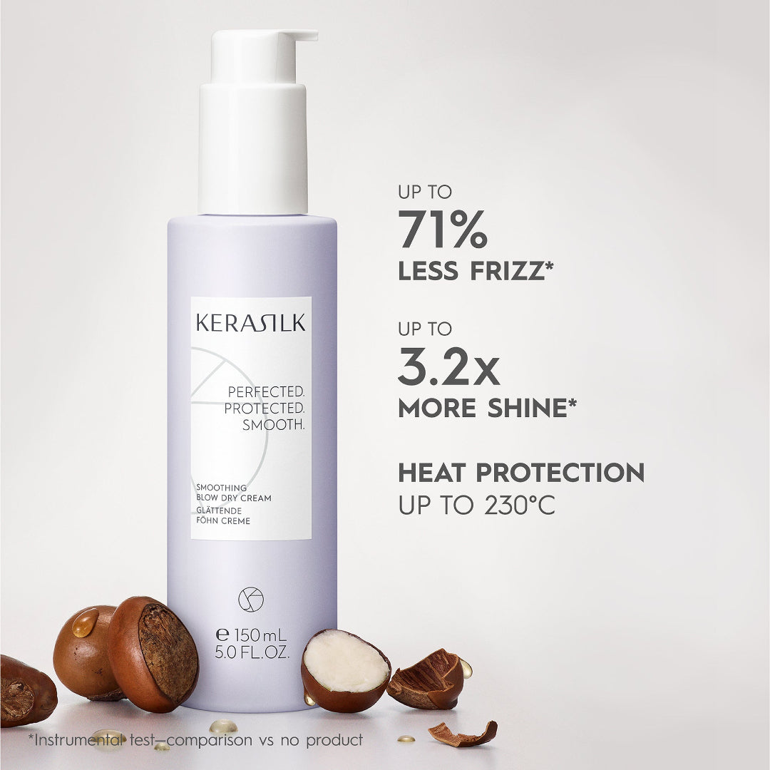 Kerasilk hair product bottle with text highlighting benefits on a white background