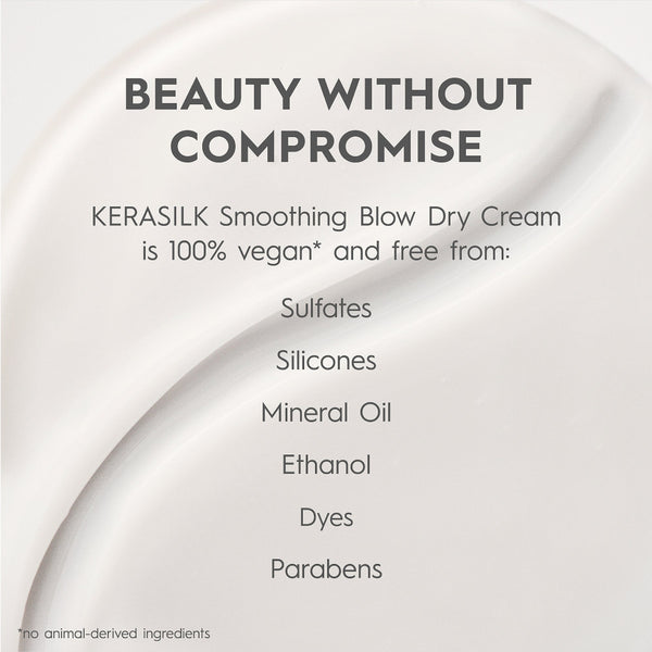 Kerasilk Smoothing Blow Dry Cream packaging with text about vegan and ingredient-free qualities.
