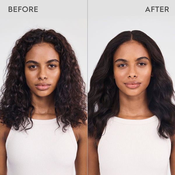 Before and after comparison of a woman with styled hair on a plain background