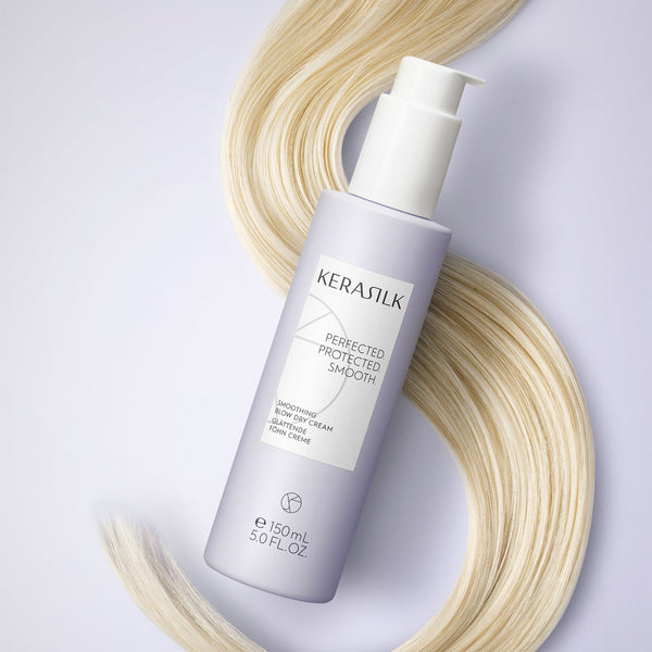 Kerastik hair care product with blonde hair strands on a light background
