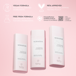 Kerasilk hair care products on a pink background with certification logos.