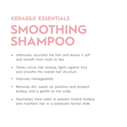 Kerasilk Essentials Smoothing Shampoo description on a white background