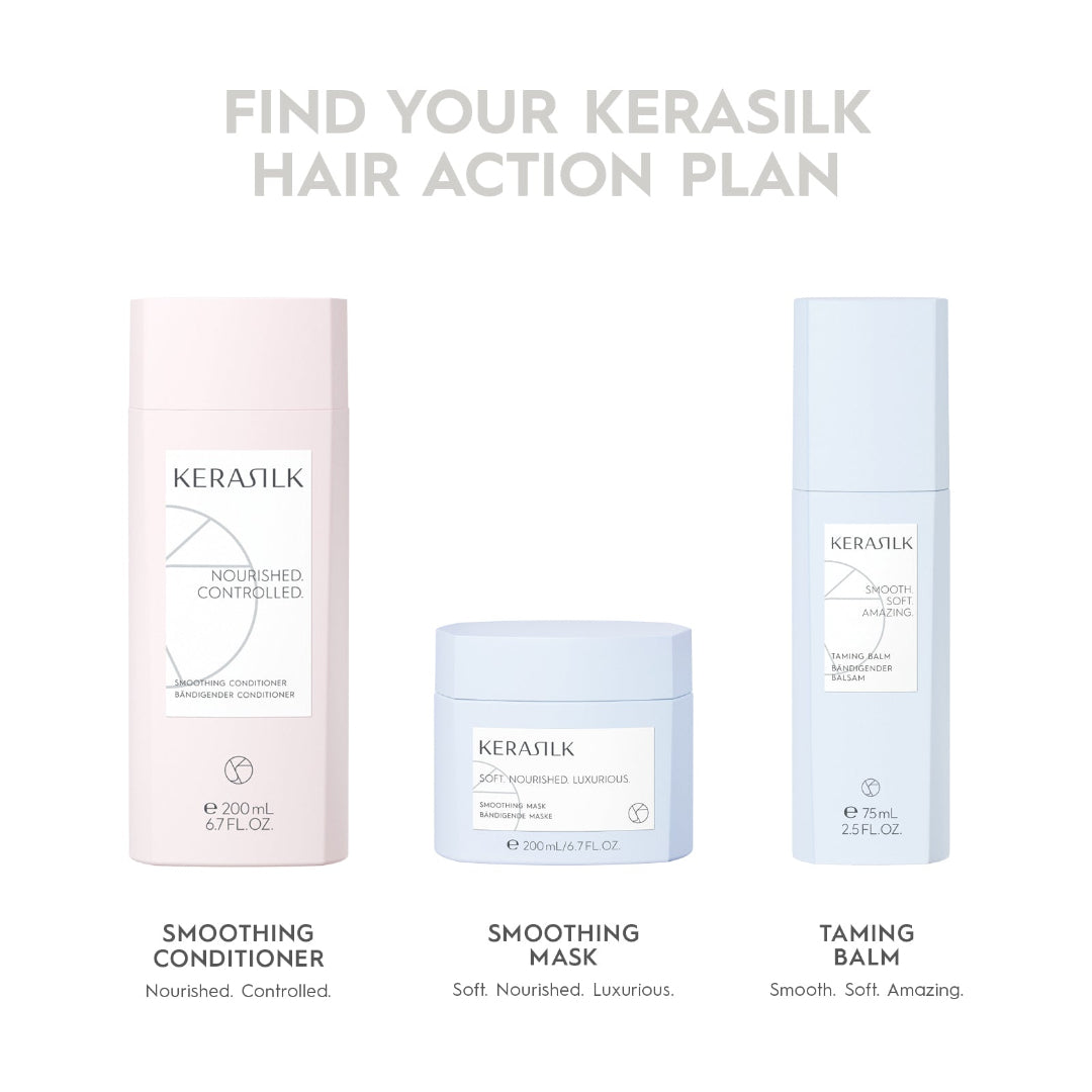Kerasilk hair care products including conditioner, mask, and balm on a white background.