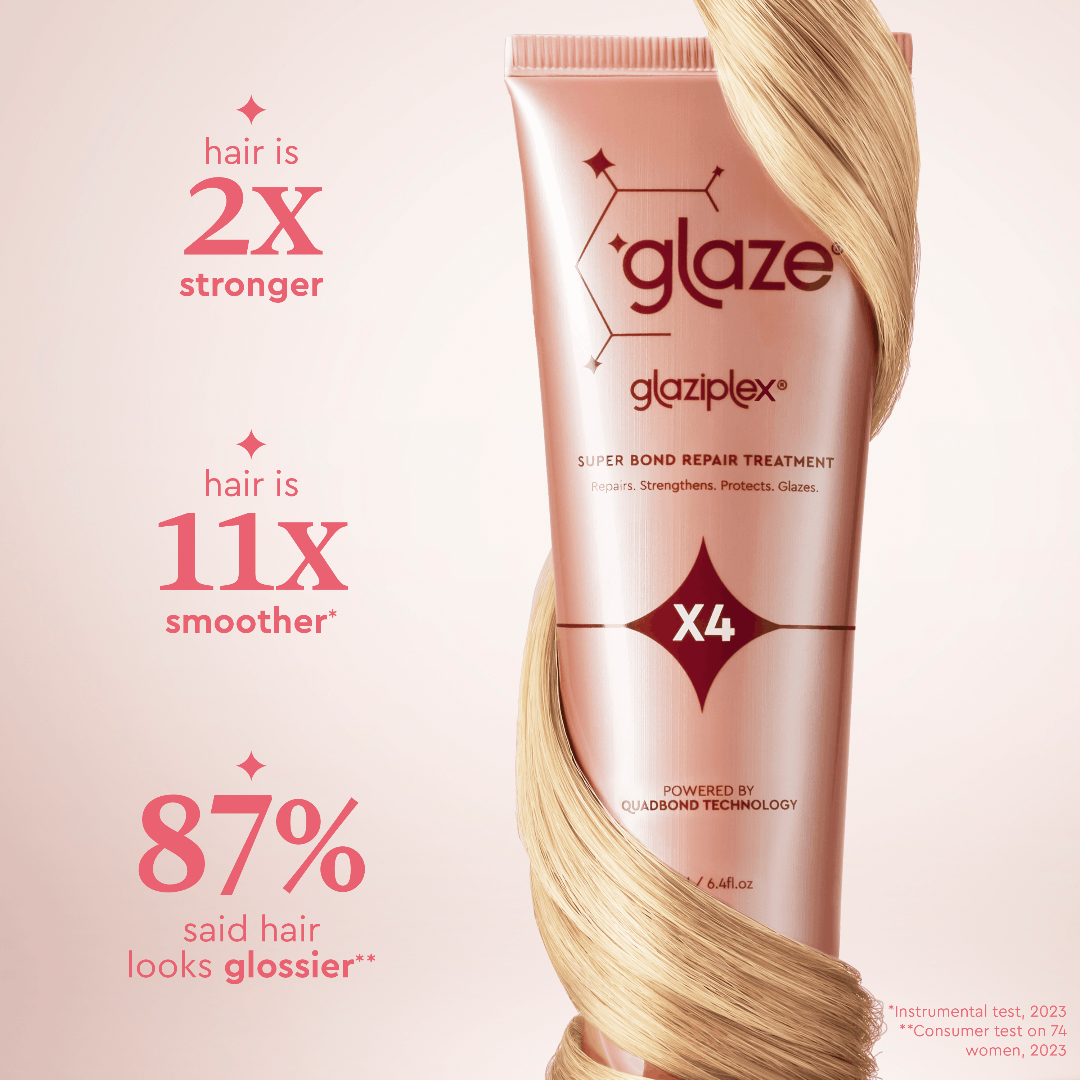 Glaziplex glaze hair treatment tube with blonde hair on a pink background