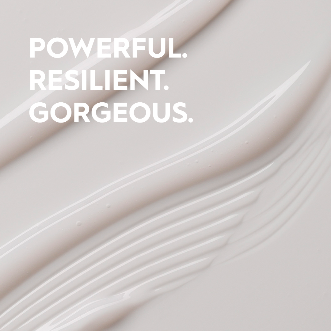 Text 'POWERFUL. RESILIENT. GORGEOUS.' on a soft beige background