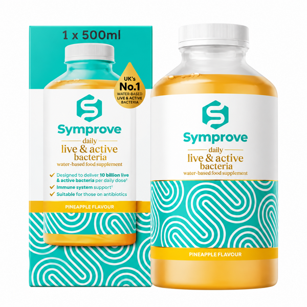 Symprove daily live & active bacteria water-based food supplement in a 500ml bottle next to its teal and white packaging box, with pineapple flavour indicated on both.