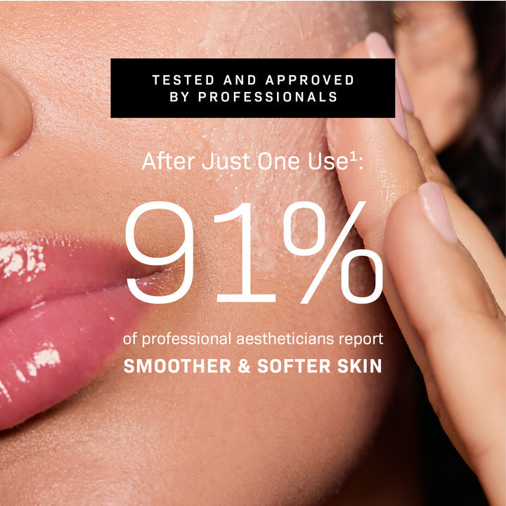 Advertisement for a skincare product showing smooth skin and a hand applying cream, with text claiming 91% of professionals report smoother and softer skin.