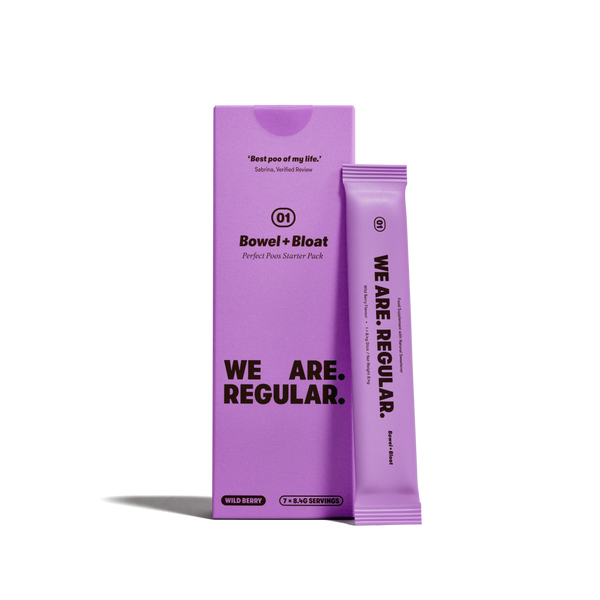 A purple product box and a matching single-use stick pack for Bowel+Bloat, shown on a clean white background. The packaging features the brand name '01' and the slogan 'WE ARE.