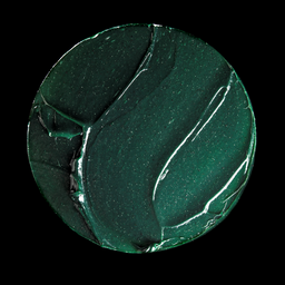 A circular close-up of a dark green textured surface with glossy, swirled patterns and fine reflective highlights, shown against a solid black background.
