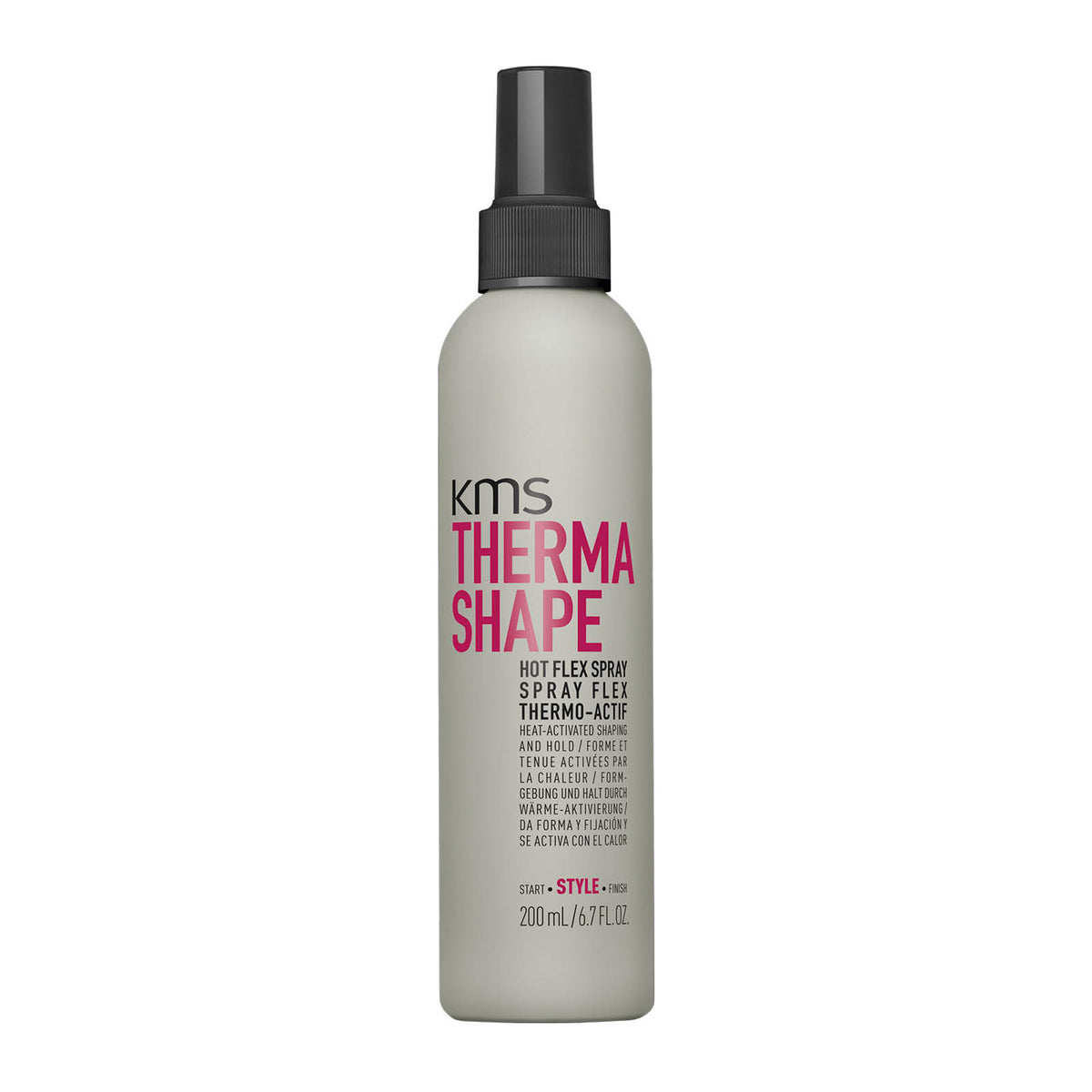 KMS Therma Shape hair spray bottle on a white background