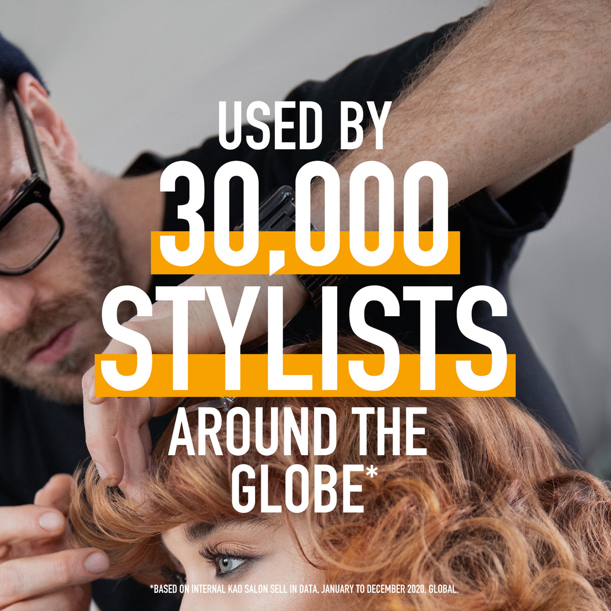 Person styling hair with text claiming use by 30,000 stylists around the globe.
