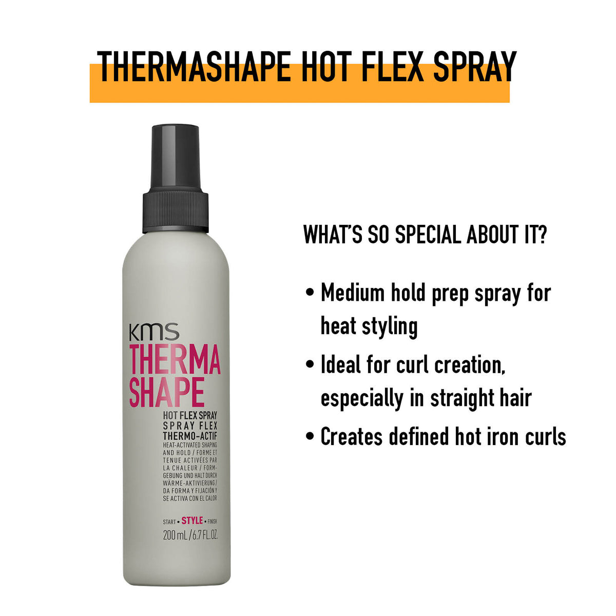 KMS Thermashape Hot Flex Spray bottle with product details on a white background