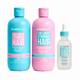 Three HAIRBURST hair care products on a white background: a large turquoise shampoo bottle, a large pink conditioner bottle, and a smaller white scalp serum bottle with a turquoise dropper cap.
