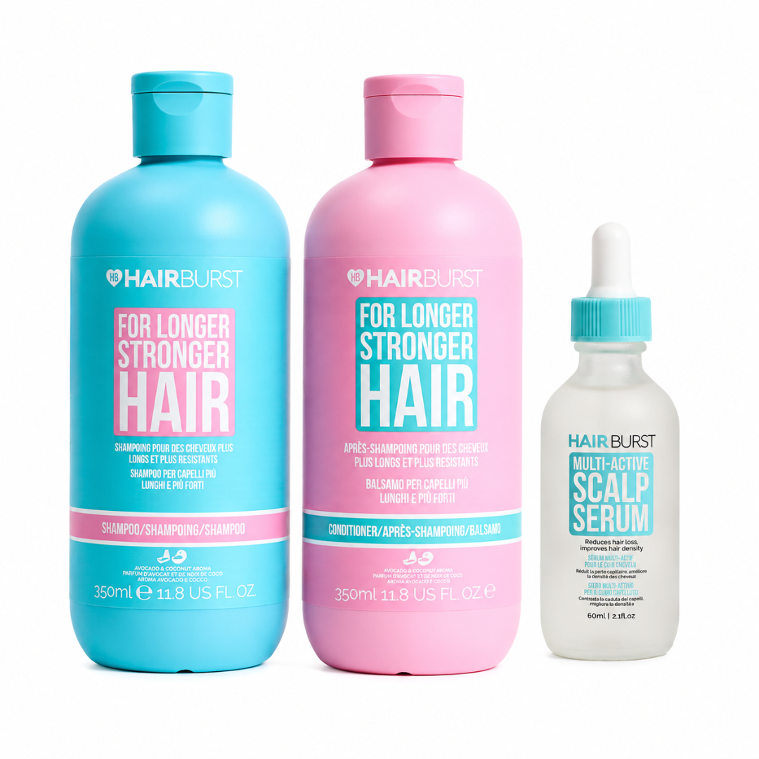Three HAIRBURST hair care products on a white background: a large turquoise shampoo bottle, a large pink conditioner bottle, and a smaller white scalp serum bottle with a turquoise dropper cap.