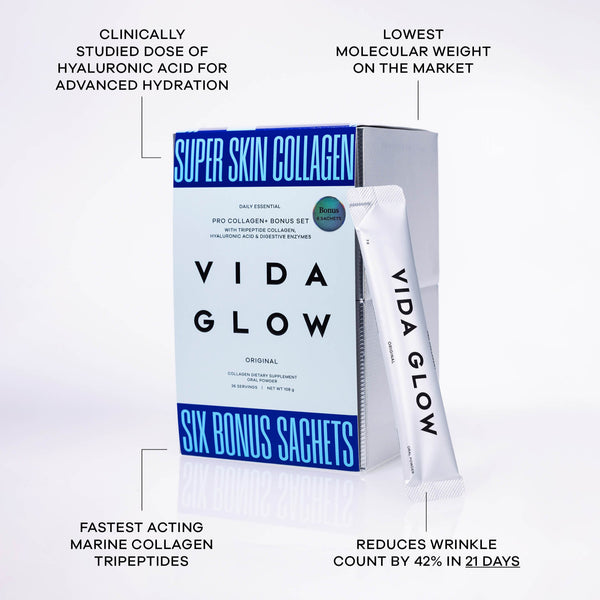 Vida Glow Super Skin Collagen packaging with product details on a white background