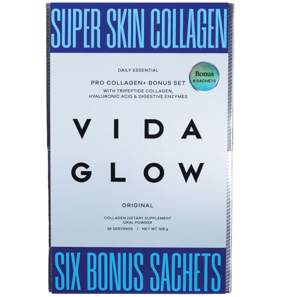 Vida Glow Super Skin Collagen package with blue and white design on a white background