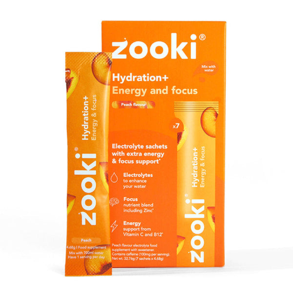 Zooki Hydration+ Energy and Focus electrolyte sachets in Peach flavor, showing the retail box and a single packet on a white background.