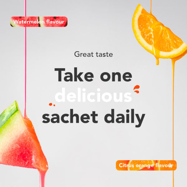 Promotional graphic for a sachet daily product with watermelon and citrus orange flavor illustrations, text reading 'Great taste Take one delicious sachet daily' on a light gray background.