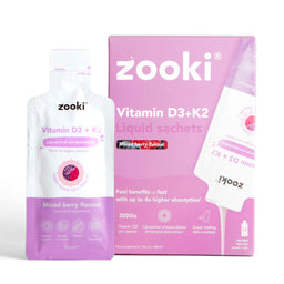 Zooki Vitamin D3+K2 liquid sachets packaging on a white background