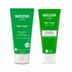 Two green Weleda Skin Food skincare tubes on a white background: a larger face care tube and a smaller cleansing balm tube.