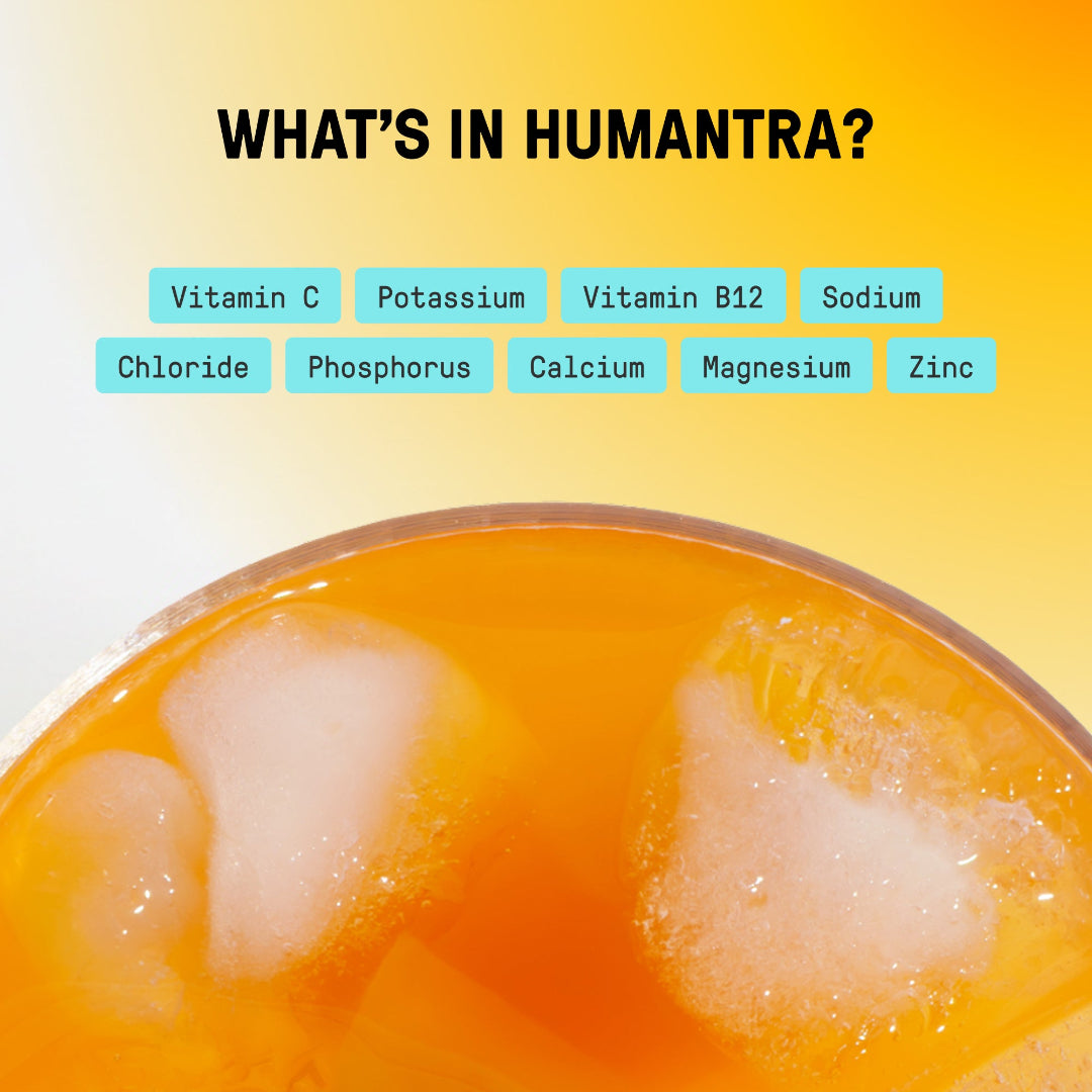 Promotional graphic with the text 'WHAT'S IN HUMANTRA?' above a close-up of an orange drink with ice. Small light blue labels list ingredients including Vitamin C, potassium, vitamin B12, sodium, chloride, phosphorus, calcium, magnesium, and zinc on a yellow-to-orange gradient background.
