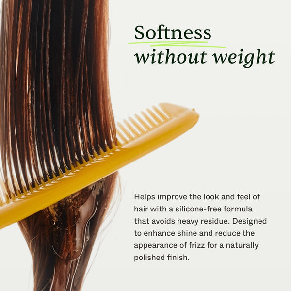 Hair product with comb and text about softness without weight on a white background