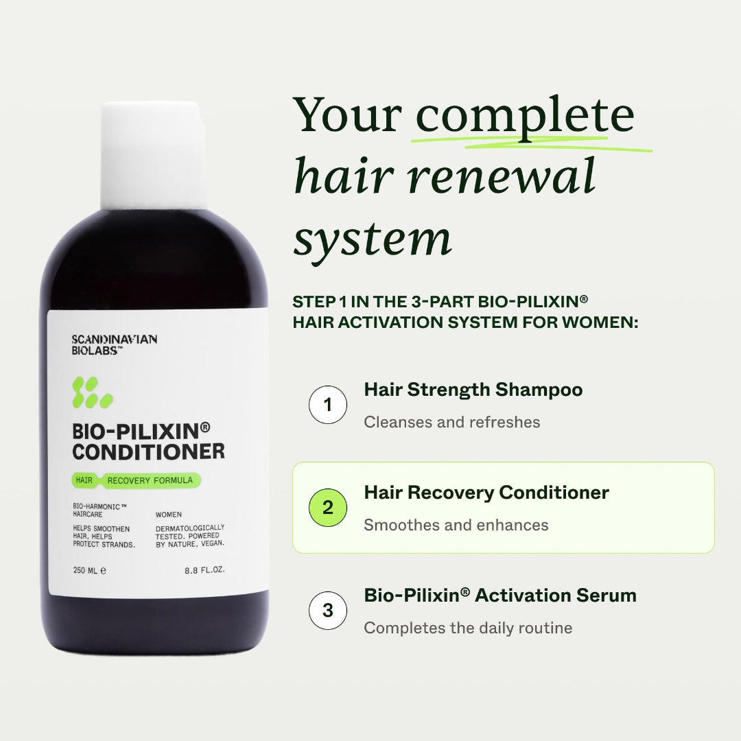 Bottle of Bio-Pilixin conditioner with text about a hair renewal system on a light gray background