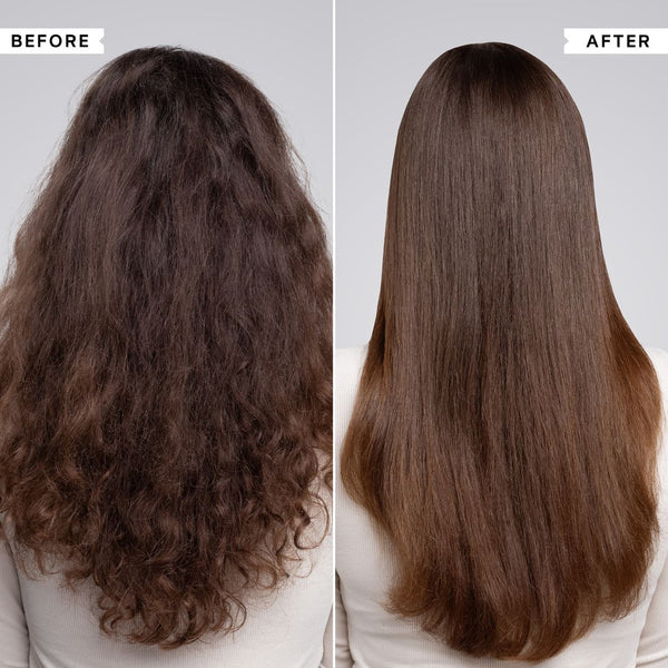Before and after comparison of hair straightening treatment on a person with long, wavy hair.