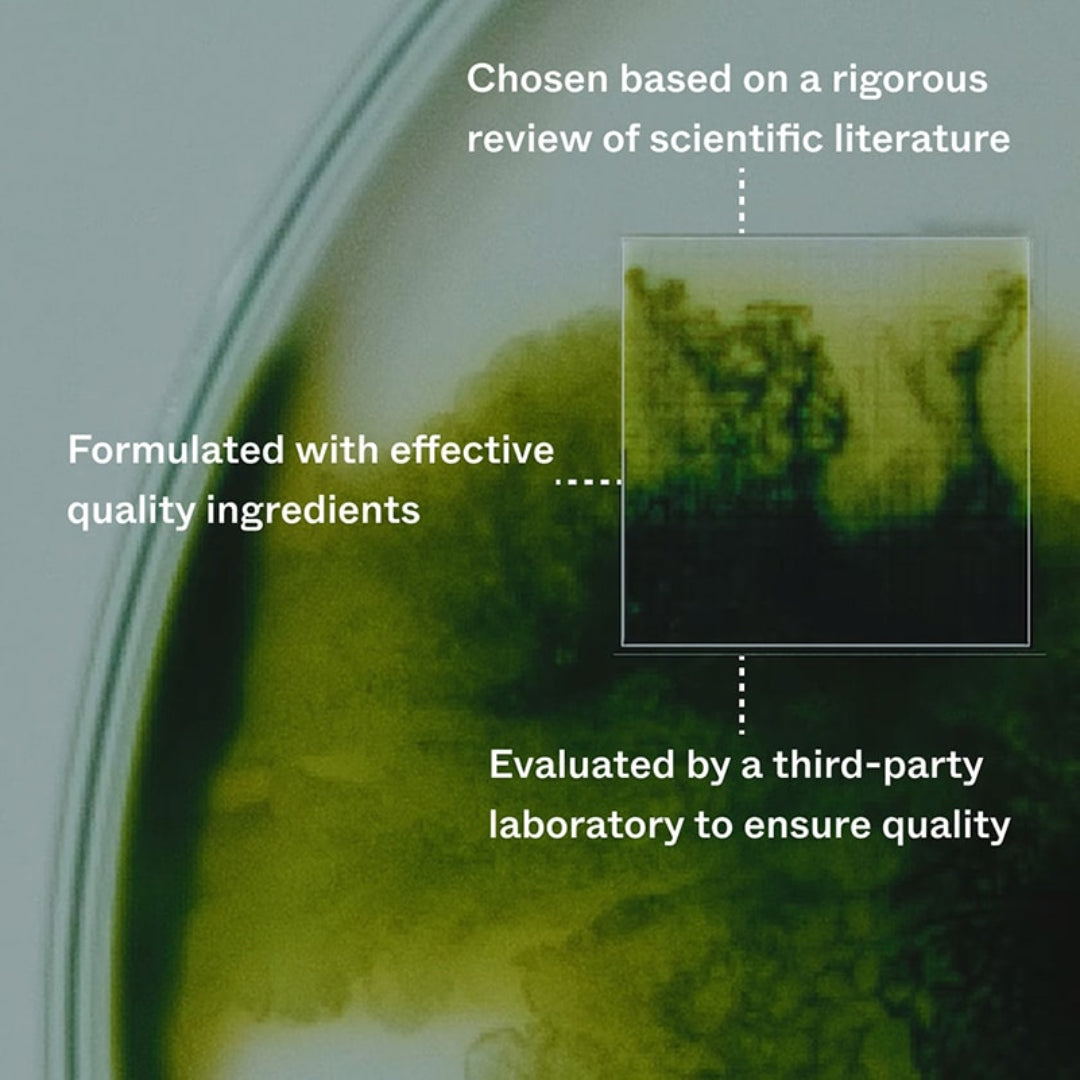 Bacterial culture plate with text about quality ingredients and third-party evaluation