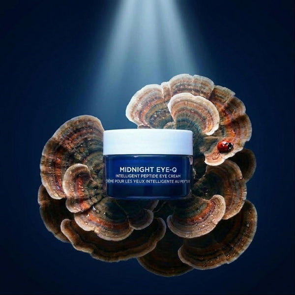 Cosmetic jar labeled 'Midnight Eye-O' surrounded by large mushrooms on a dark background