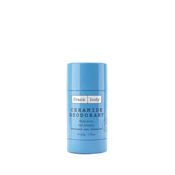 A light blue cylindrical deodorant stick container with a matching blue cap, featuring the brand name 'frank body' and product name 'CERAMIDE DEODORANT' printed on the front, set against a plain light gray background.