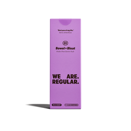 A tall rectangular purple box for Bowel + Bloat dietary supplement powder, standing upright on a white background with a soft shadow to the left.