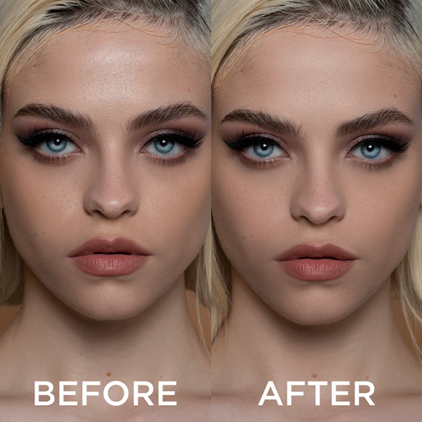 Before and after comparison of a woman's face with makeup application.