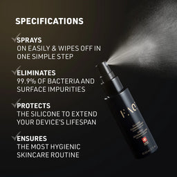 Black spray bottle with text detailing its features on a dark background