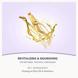 A product graphic card for a skincare or wellness item, featuring a central illustration of a ginseng root surrounded by golden olive oil splashes on a light lavender background. Below the illustration, the text reads 'REVITALIZING & NOURISHING' and lists key ingredients: Ginseng, Olive Oil, and Hawthorn.