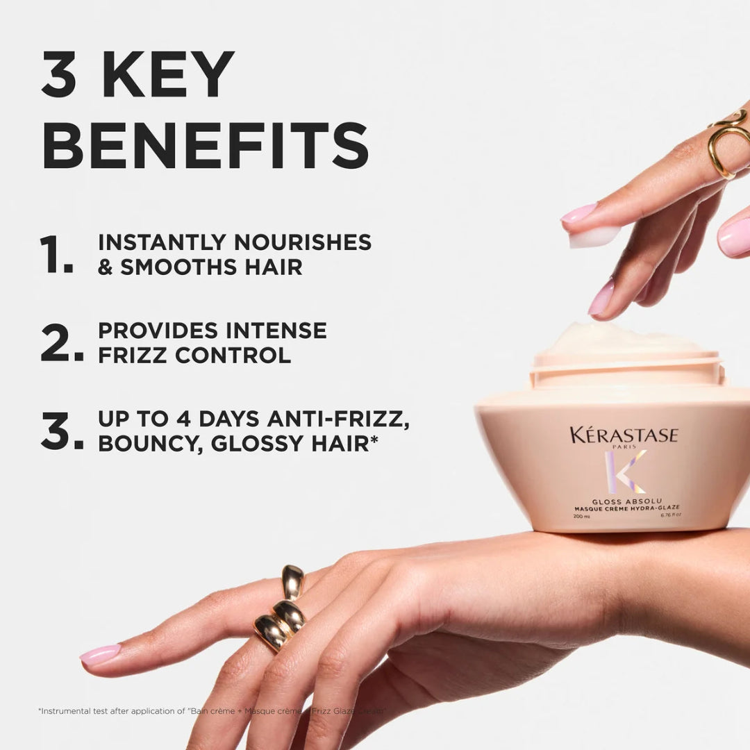 Kérastase hair care product with text listing key benefits on a white background