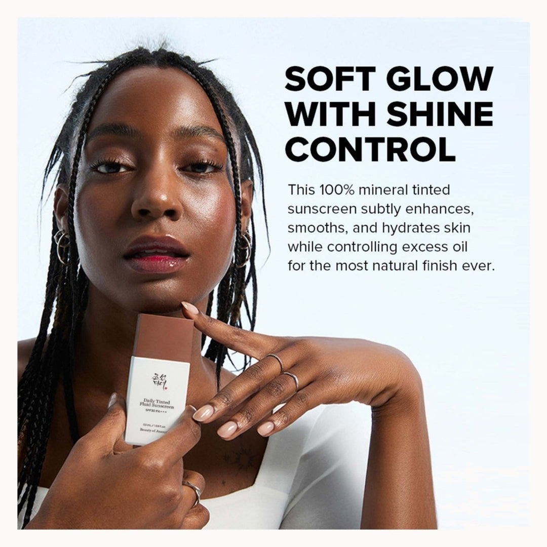 A promotional beauty ad featuring a woman with braided hair holding a bottle of UGG tinted sunscreen, with text on the right reading 'SOFT GLOW WITH SHINE CONTROL' and product benefits.