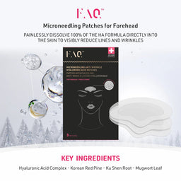 FACQ microneedling patches for forehead with packaging and key ingredients listed.