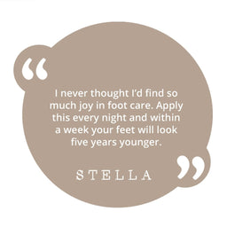 Quote bubble with text about foot care and a brand name on a beige background