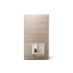 Product packaging with text and icons on a beige background