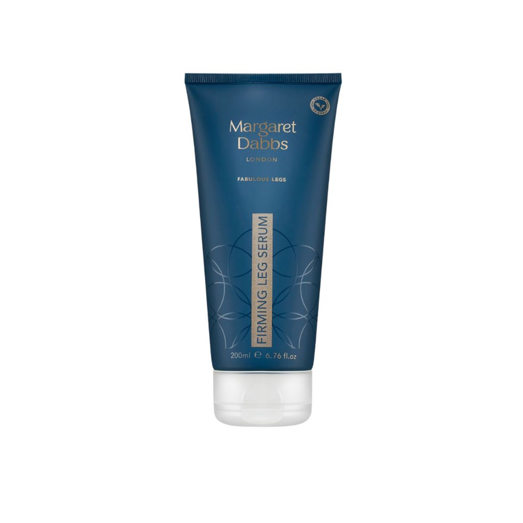 Blue tube of Margaret Dabbs Firming Leg Serum on a white background
