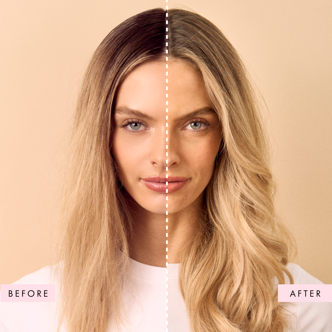 Before and after comparison of a woman's hair color on a beige background