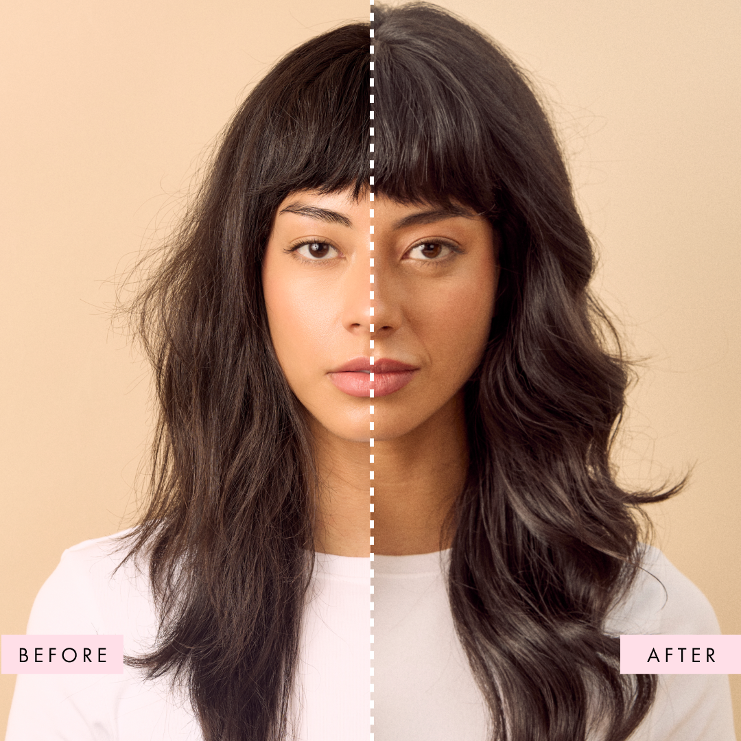 Before and after comparison of a woman's hair with a beige background