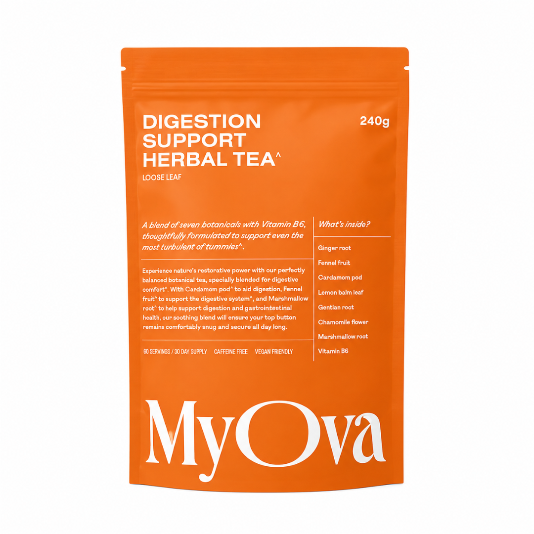 An orange stand-up pouch of MyOva Digestion Support Herbal Tea, 240g, on a clean white background.