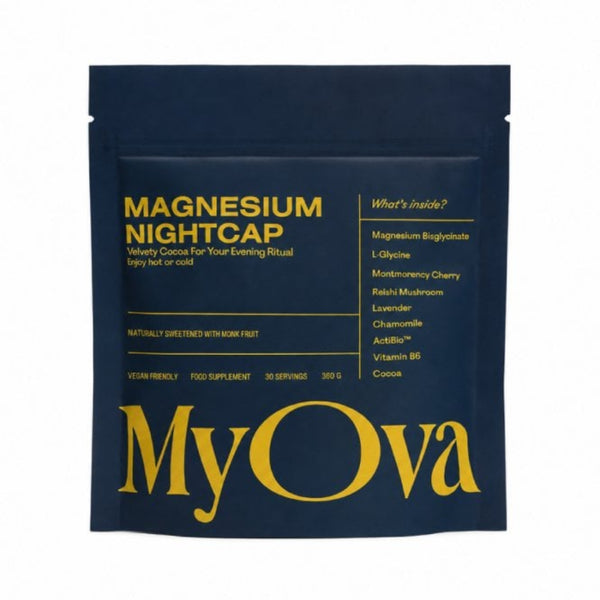A dark navy blue stand-up pouch of MyOva Magnesium Nightcap food supplement, featuring yellow text and a white background.