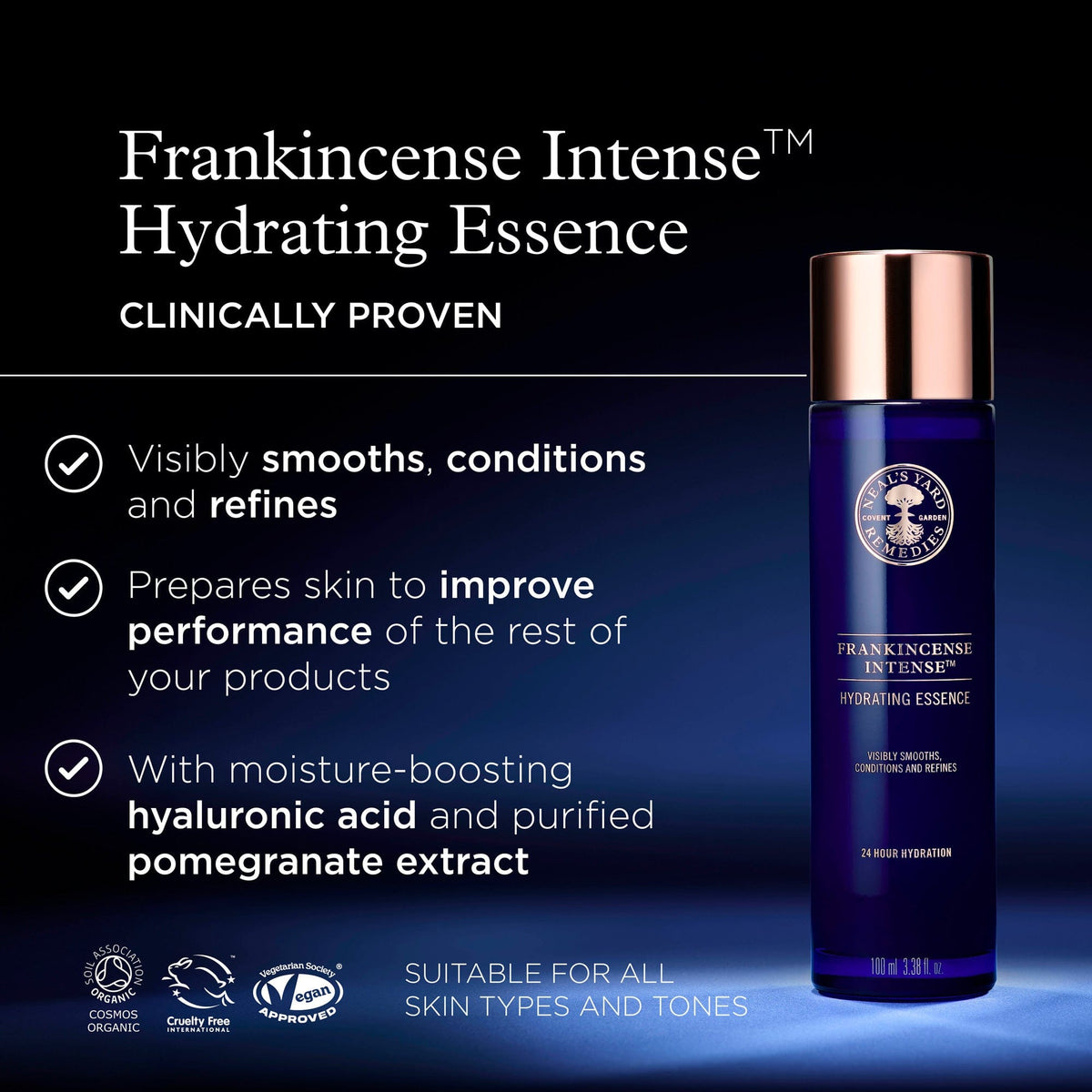 Frankincense Intense Hydrating Essence bottle with product details on a dark background