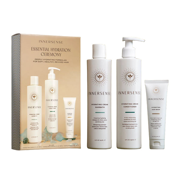 Innersense hair care product set including bottles and a box on a white background