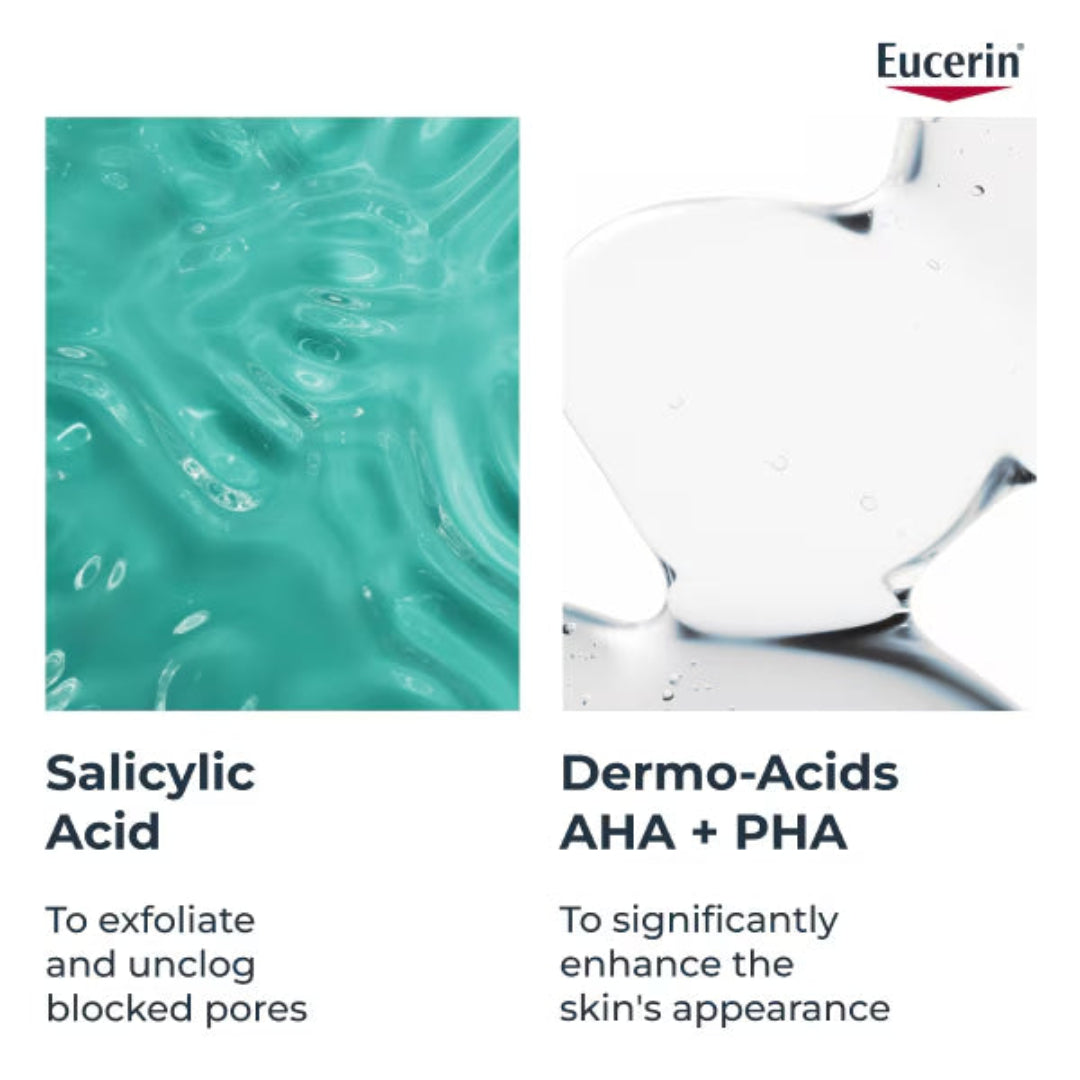 Eucerin skincare product with text about Salicylic Acid and Dermo-Acids AHA + PHA.